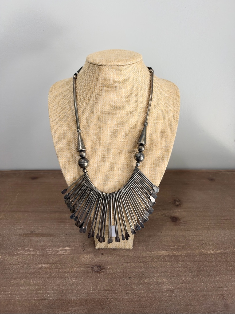 Vintage Silver Tone Paddle Fringe Bib Necklace Boho Brutalist Statement Jewelry